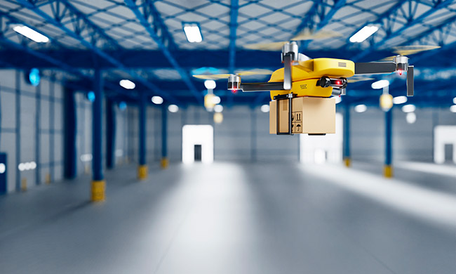 Delivery Drone Transferring Parcel Into Empty Storage As Business Startup Factory Or Shipping Company For Component Part Assembling Courier Innovative Technology 3d Rendering